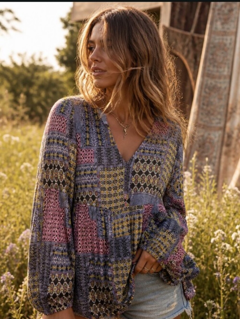 Patchwork Printed V-Neck Long Sleeve Peasant Top - Purple Multi